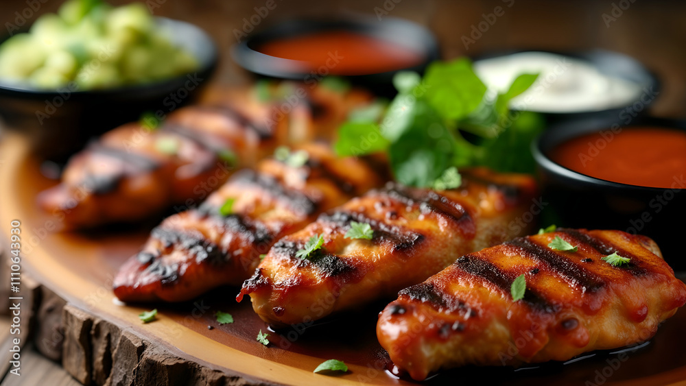 Authentic Chicken Fajitas Experience Served on Rustic Board with Fresh Dips