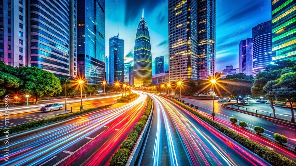 Fototapeta premium Captivating Light Trails on a High-Speed Motion Blur Background Showcasing Urban Night Life and Dynamic Energy in a Panoramic Perspective