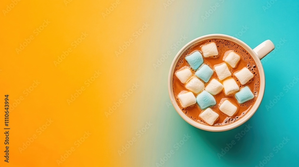 A cozy cup of hot chocolate topped with colorful marshmallows, set against a vibrant gradient background. A cozy cup of hot chocolate topped with colorful marshmallows, set against a vibrant gradient background.