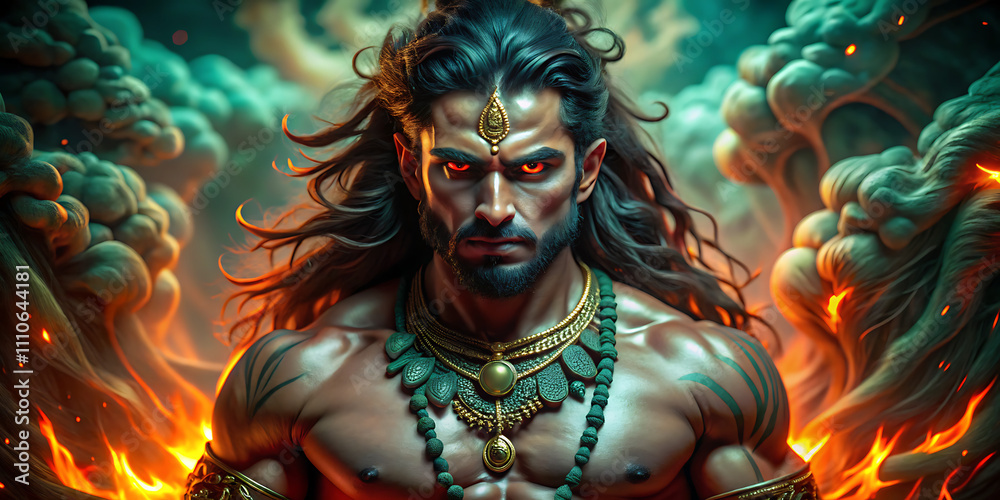 Obraz premium fiery god, intense gaze, muscular, long hair, gold jewelry, mystical, dramatic lighting, fantasy art.