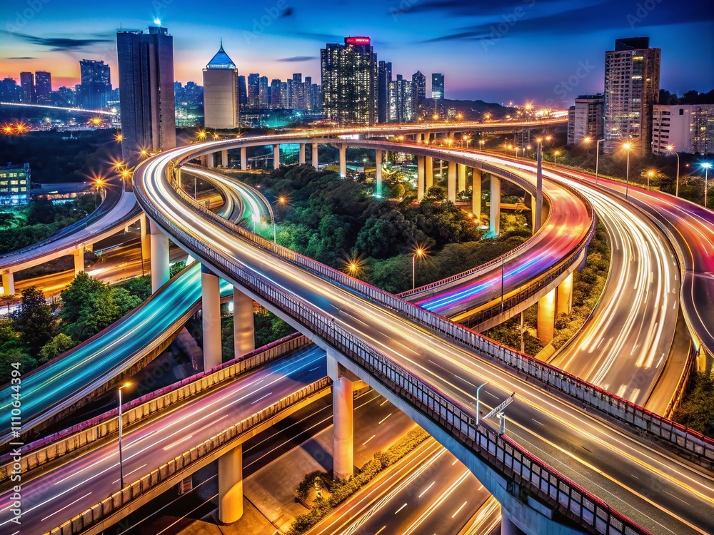 Captivating Long Exposure Night Scene of a Large Urban Ring Highway Viaduct with Light Trails Illuminating the Cityscape in Macro Photography Style Captivating Long Exposure Night Scene of a Large Urban Ring Highway Viaduct with Light Trails Illuminating the Cityscape in Macro Photography Style
