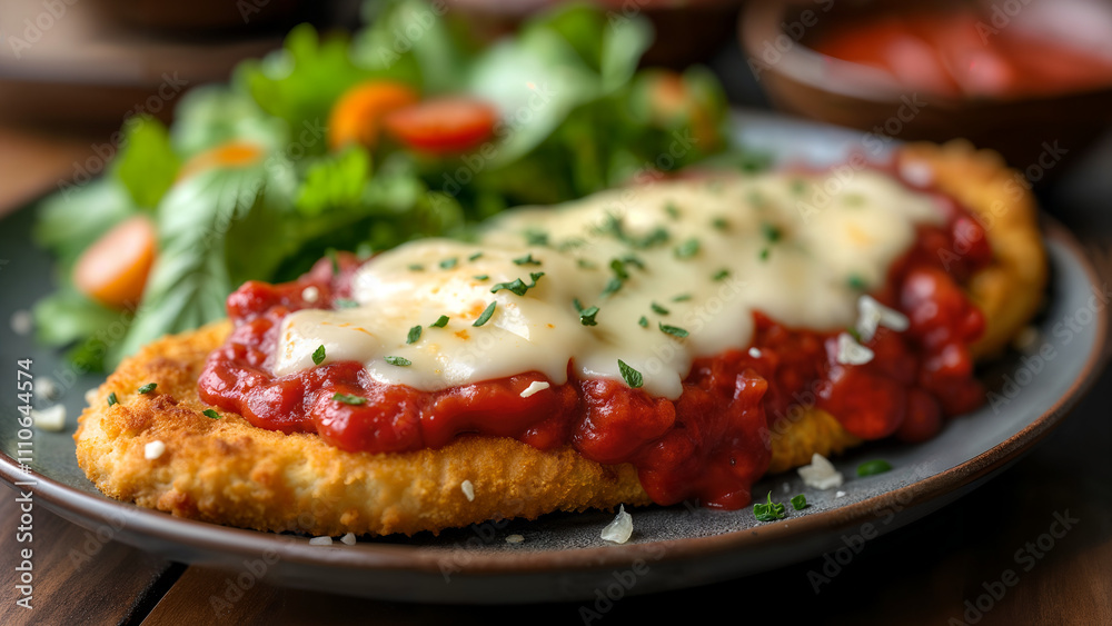 An Enticing Chicken Parmesan with Fresh Tomato Sauce, Mozzarella, and a Garden Salad for a Gourmet Dining Experience An Enticing Chicken Parmesan with Fresh Tomato Sauce, Mozzarella, and a Garden Salad for a Gourmet Dining Experience