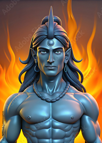 A 3Drendered muscular male deity, bluishgrey skin, long dark hair, a pointed headdress, and earrings. Hes set against a backdrop of vibrant orange flames. photo