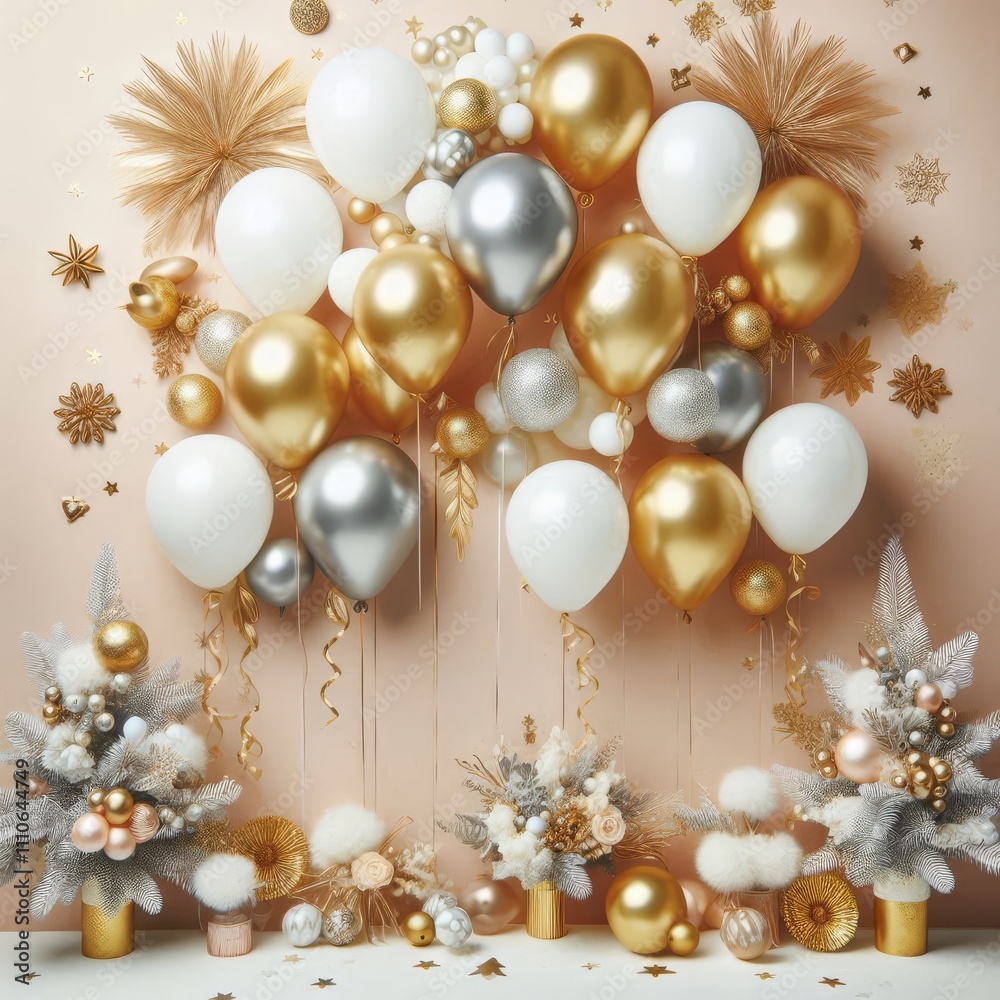 Festive and elegant layout with a collection of gold, silver, and white balloons clustered at the top
Festive and elegant layout with a collection of gold, silver, and white balloons clustered at the top