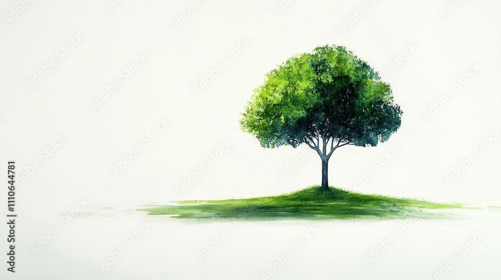 A lush green tree standing alone on a small island with a serene, white background. A lush green tree standing alone on a small island with a serene, white background.