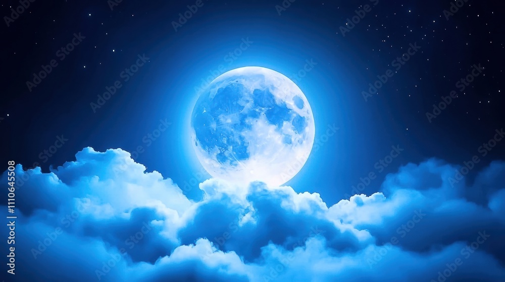 Illuminated blue moon shining through fluffy clouds at night. Illuminated blue moon shining through fluffy clouds at night.