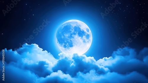 Illuminated blue moon shining through fluffy clouds at night.