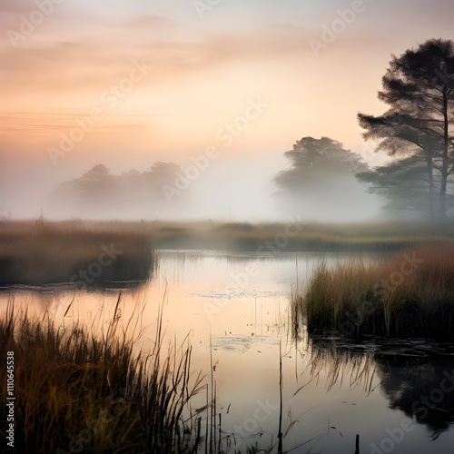 Misty Reflections in Still Marsh Waters Surrounded by Fog