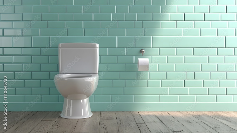 Modern bathroom interior scene featuring white ceramic toilet, mint green tiles, and wooden floor, rendered in 2D vector style with minimalist fixtures and isometric perspective.
