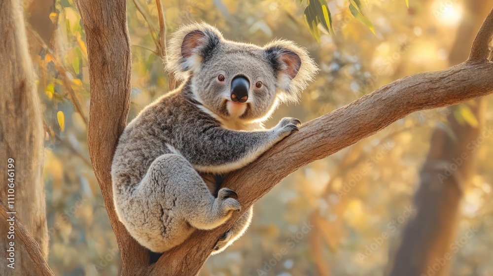 Obraz premium Snuggly Koala: A koala clinging to a simple tree branch against a light background, with a soft expression and fluffy ears.
