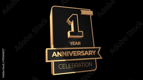 1 years, 1st anniversary logo, loop, looped video in 3D Gold with Alpha channel,  isolated transparent background