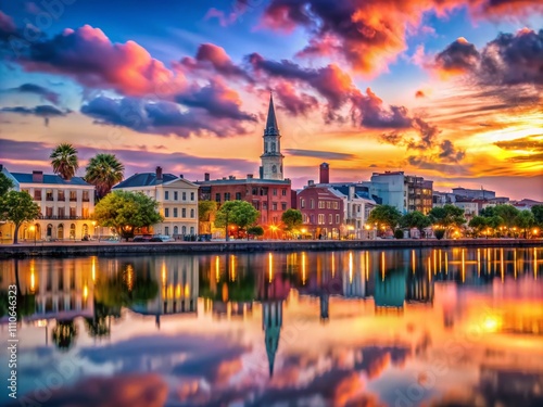 Captivating Long Exposure View of Charleston Skyline Against a Stunning Twilight Sky with Reflections on Water, Showcasing Iconic Architecture and Scenic Beauty