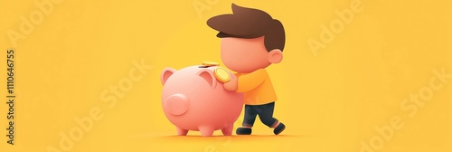 Child saving money in a piggy bank, cheerful expression, colorful background.