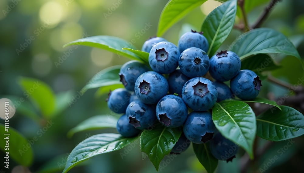 Bunch of blueberries with green leaves on wood presenting a charming view Bunch of blueberries with green leaves on wood presenting a charming view
