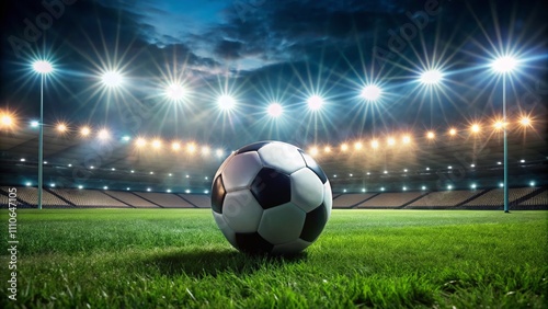 Captivating Low Light Photography of a Soccer Field with a Glowing Soccer Ball Under Night Sky, Highlighting the Energy and Passion of the Game in Dramatic Lighting
