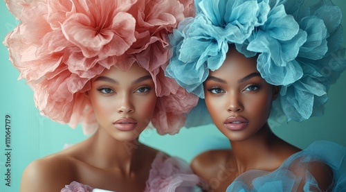 Artistic portrait of two women with elaborate floral headpieces, perfect for high-fashion campaigns, editorial spreads, and artistic visuals celebrating beauty and diversity.