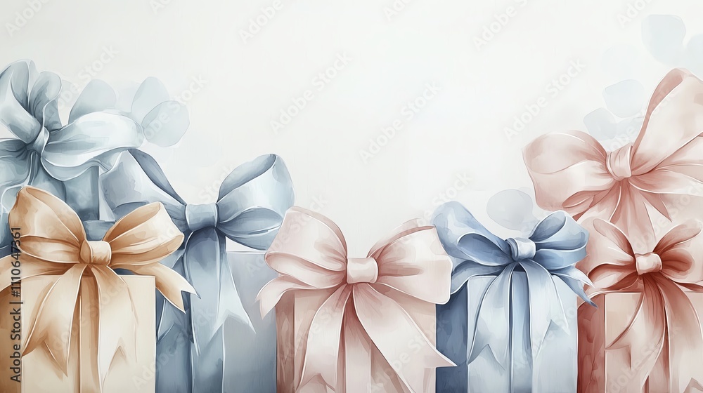 Gift boxes in various colors with large bows in soft watercolor tones, on a white background Gift boxes in various colors with large bows in soft watercolor tones, on a white background
