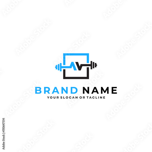 V logo with barbell and box frame for gym and sports equipment company