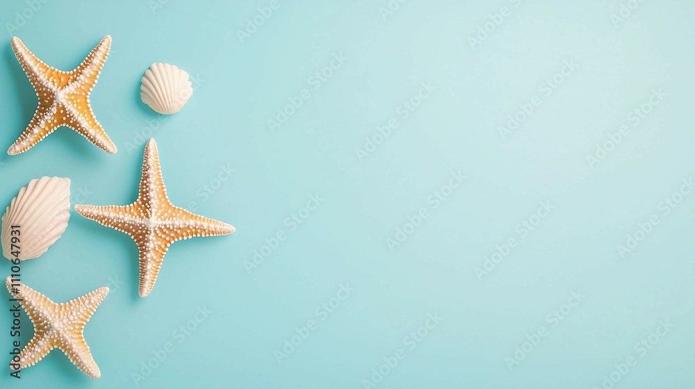 Starfish and Seashells on Bright Aqua Background for Summer Vibes Starfish and Seashells on Bright Aqua Background for Summer Vibes