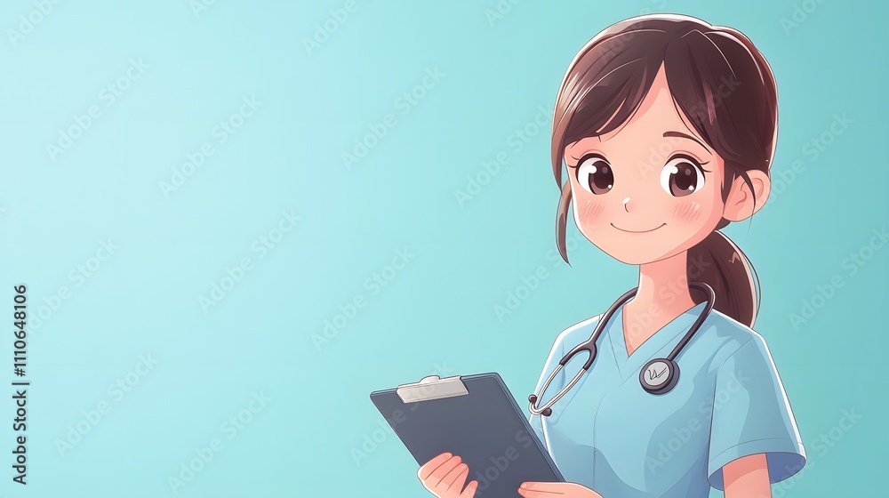 Healthcare professional character in light blue scrubs with stethoscope and clipboard, designed in cute chibi anime style with friendly expression and soft shading details. Healthcare professional character in light blue scrubs with stethoscope and clipboard, designed in cute chibi anime style with friendly expression and soft shading details.