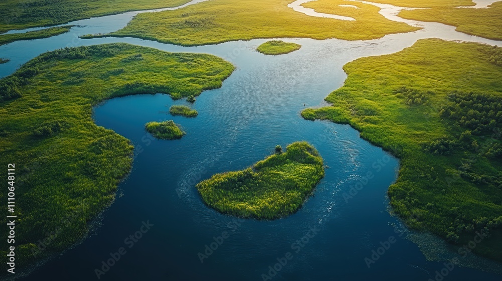 Aerial view of vast green wetlands and winding river channels surrounded by lush vegetation and clear skies on a sunny day in the wilderness. Aerial view of vast green wetlands and winding river channels surrounded by lush vegetation and clear skies on a sunny day in the wilderness.