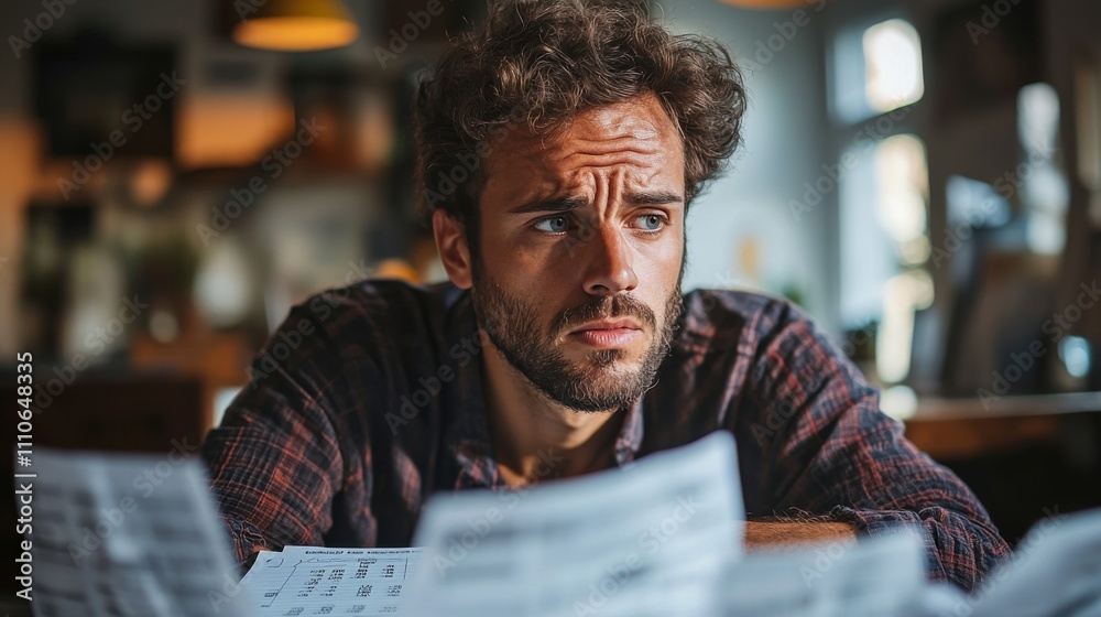 Man reviewing paperwork with a worried expression Man reviewing paperwork with a worried expression