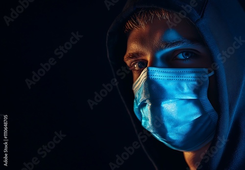 Masked Young Man Hooded In Blue Light