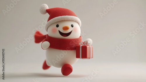 snowman with gift box. cute 3d cartoon character, snowman running to delivery christmas gifts, white background,