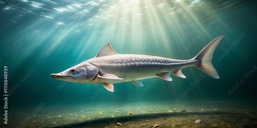 Fototapeta premium Captivating Minimalist Photography of a Beluga Sturgeon Gliding Gracefully Through Serene Waters, Highlighting Its Unique Features and Natural Habitat in a Tranquil Environment