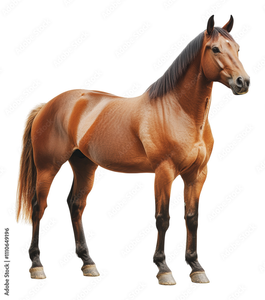 Obraz premium Majestic brown horse standing calmly indoors, cut out - stock png.
