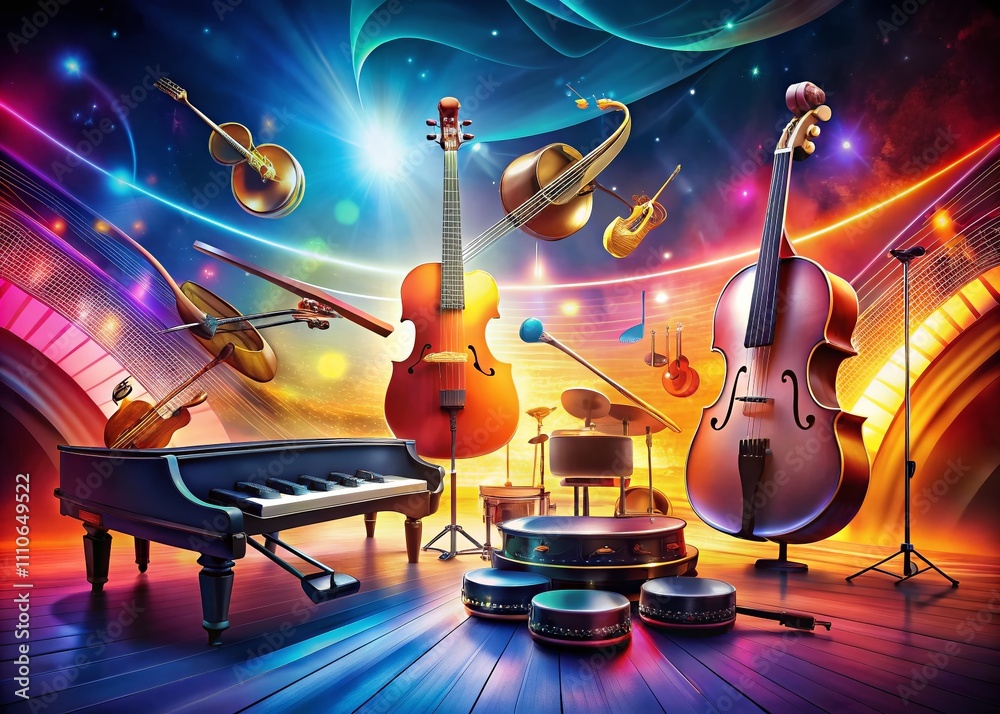 Fototapeta premium Captivating Music Slideshow Presentation with Vibrant Visuals and Dynamic Audio Elements Showcasing Instruments, Notes, and Colorful Backgrounds for Engaging Multimedia Experiences
