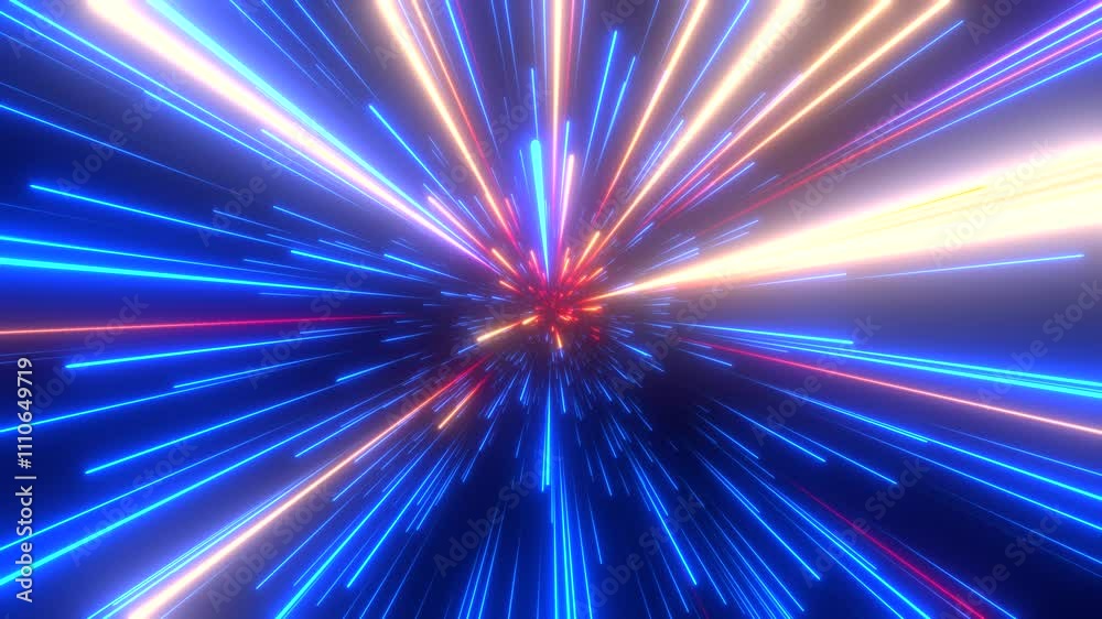 Bright radial light beams. Abstract background in blue and orange neon glow color. Light burst in universe. Space background for event, party, carnival, celebration, anniversary or other. 3D rendering