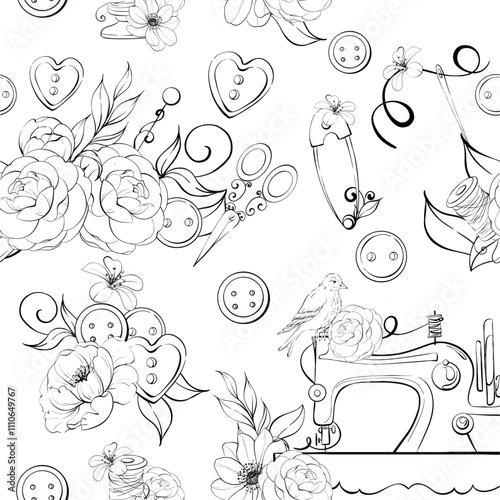 Vintage sewing machine with floral arrangement roses and anemone, bird. Retro tools - scissors, buttons, needles. Old fashion, dressmaker seamless pattern, background. Romantic and elegance tailor