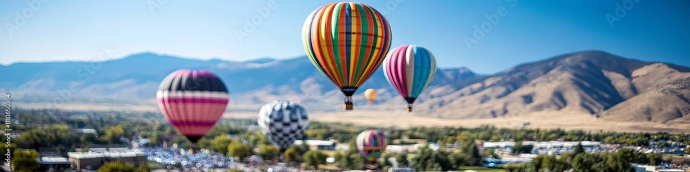 Naklejka premium Colorful hot air balloons ascend against a clear blue sky, creating a vibrant scene in a mountainous landscape.