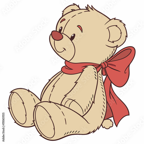 Sitting teddy bear with red bow, side view
