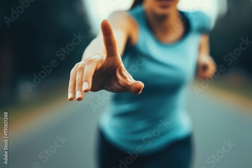 Close-up of a woman's hand reaching forward as she runs, fingers stretched, symbolizing determination and excitement, [Excited woman running], [dynamic hand gesture] photo