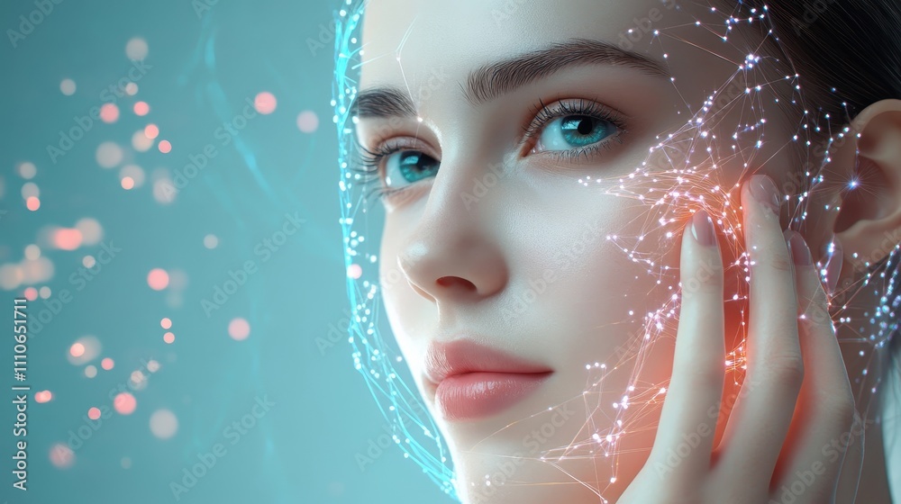 Female Portrait with Digital Overlay, Futuristic Graphic Art Depicting Beauty, Technology, and Connectivity in a Captivating Visual Experience