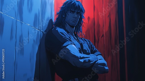 Dramatic Retro Japanese Anime Portrait of a Male Figure with Intense Expression