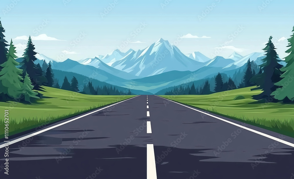 Naklejka premium Scenic road leads to majestic mountain range under clear blue sky