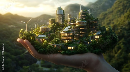 Futuristic Sustainable Cityscape Held in Hand with Green Buildings and Eco-Friendly Design