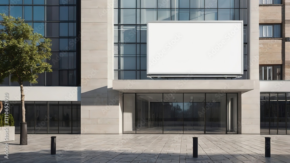 Fototapeta premium Blank white billboard on modern building facade in daylight, mockup for outdoor advertisement, High Resolution