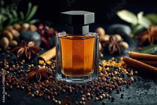 Perfume bottle surrounded by exotic spices and rich amber, placed in a dimly lit, mysterious setting, [Fragrance campaign], [exotic and spicy scent] photo