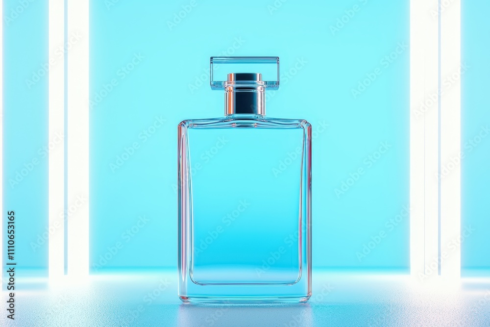 Minimalist clear perfume bottle with sleek lines, placed in a futuristic white space with soft blue lighting, [Fragrance campaign], [clean and modern fragrance]