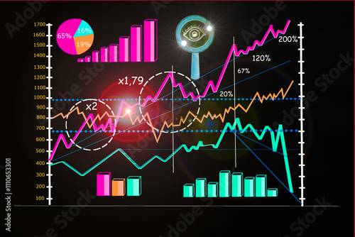 Tabla con gráfica y lupa de mercado, finanza, economía y bolsa con fórmulas, porcentajes, vectores y análisis gráfico sobre fondo negro de pantalla photo