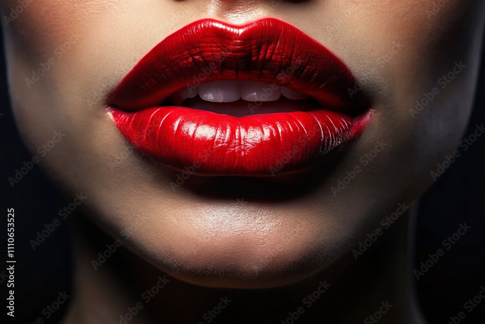 Fototapeta premium Captivating Red Lips Illuminated in Darkness with Dramatic Lighting and Tilt-Shift Photography for a Striking Visual Impact