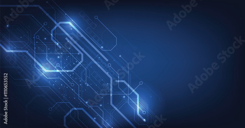 Circuit board blue technology background.Vector abstract technology illustration Circuit board on dark blue background.High-tech circuit board connection system concept.	