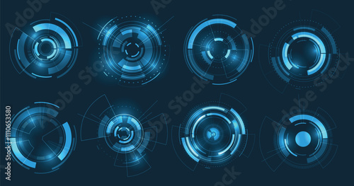 Set of User Interface HUD futuristic style.Abstract circles, geometric shapes, advanced technology segmentation, digital technology on a dark blue background.	