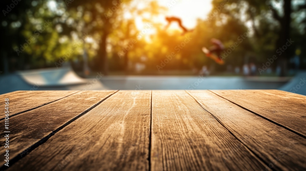 Close-up of an empty wooden table with skateboarders performing tricks in a hazy skatepark backdrop. Close-up of an empty wooden table with skateboarders performing tricks in a hazy skatepark backdrop.