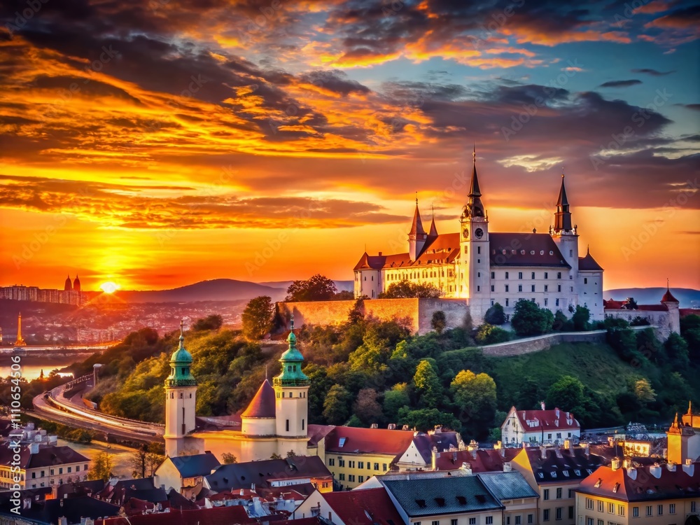 Fototapeta premium Captivating Silhouette of Bratislava's Iconic Skyline Against a Vibrant Sunset, Showcasing the Unique Architecture and Urban Landscape of Slovakia's Capital City