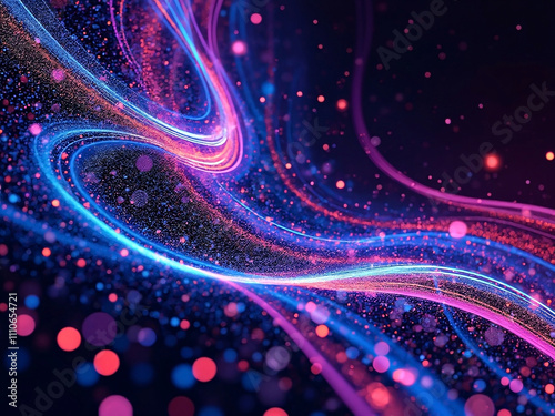 Abstract pink and blue swirly glitched neon glowing wallpaper background with bokeh effect